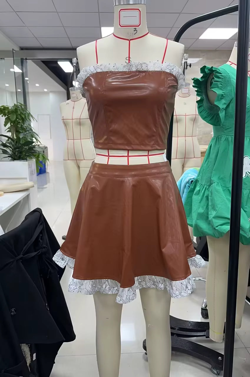 Casual Pu Leather Lace Patchwork Crop Top Zipper Waist Mini Skirt 2 Piece Set Mssza
