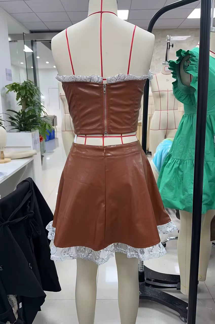 Casual Pu Leather Lace Patchwork Crop Top Zipper Waist Mini Skirt 2 Piece Set Mssza