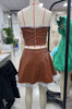 Casual Pu Leather Lace Patchwork Crop Top Zipper Waist Mini Skirt 2 Piece Set Mssza