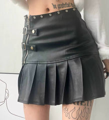 Casual Pu Leather Mini Pleated Zipper Rivet Side Slit Loose Short Skirt Mssza