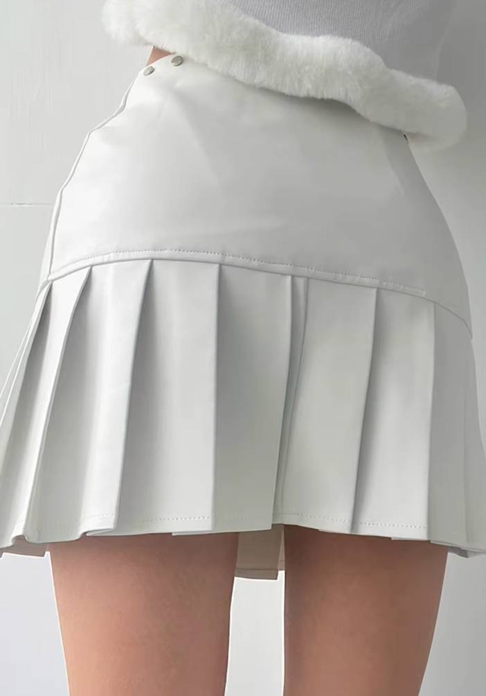 Casual Pu Leather Mini Pleated Zipper Rivet Side Slit Loose Short Skirt Mssza