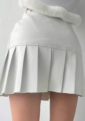 Casual Pu Leather Mini Pleated Zipper Rivet Side Slit Loose Short Skirt Mssza