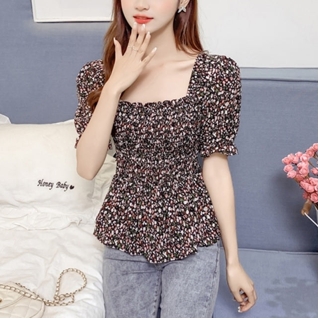Casual Puff Short Sleeve Printed  Blouse Mssza