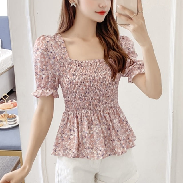 Casual Puff Short Sleeve Printed  Blouse Mssza