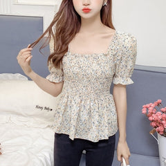 Casual Puff Short Sleeve Printed  Blouse Mssza