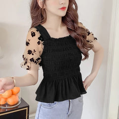 Casual Puff Sleeve Mesh Patchwork Chiffon Blouse Mssza