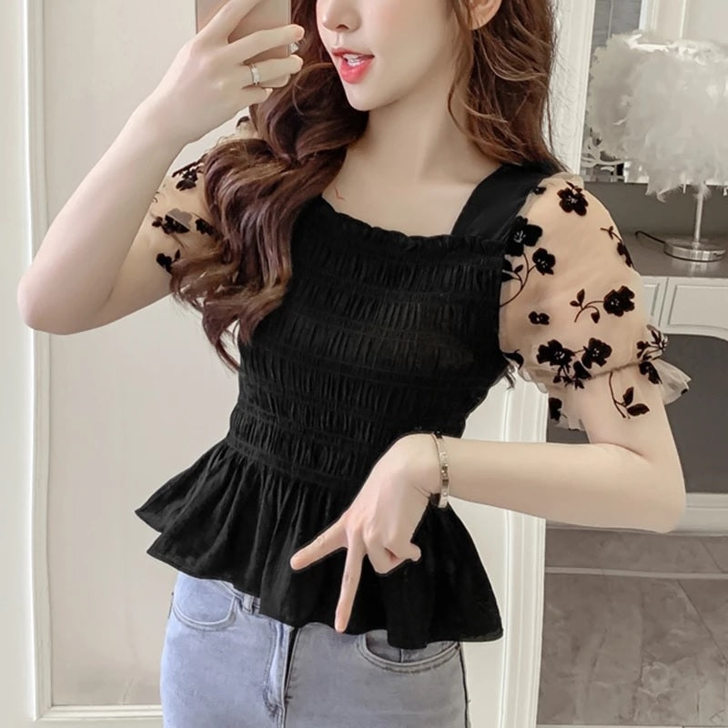 Casual Puff Sleeve Mesh Patchwork Chiffon Blouse Mssza