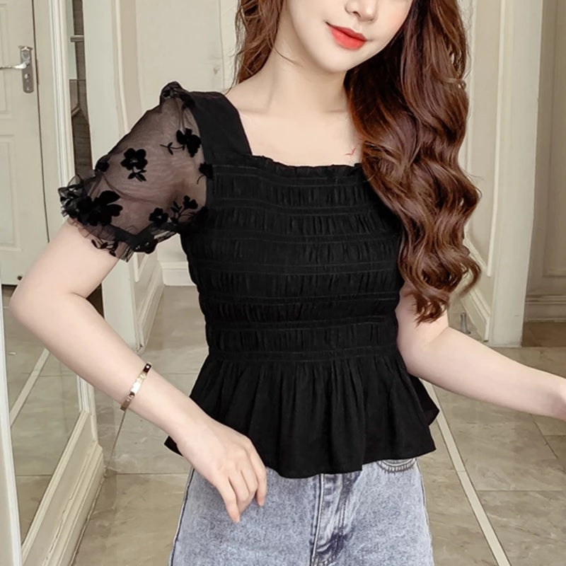 Casual Puff Sleeve Mesh Patchwork Chiffon Blouse Mssza