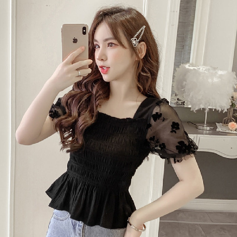Casual Puff Sleeve Mesh Patchwork Chiffon Blouse Mssza