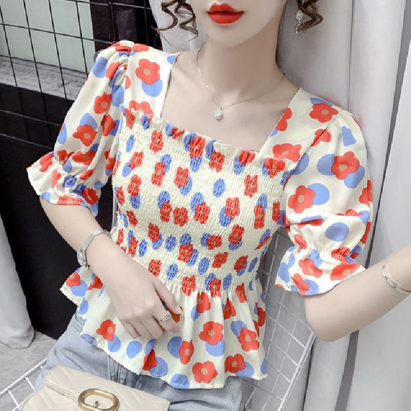 Casual Puff Sleeve Printed Corset Blouse Mssza