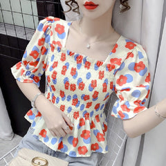 Casual Puff Sleeve Printed Corset Blouse Mssza