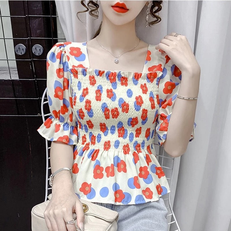 Casual Puff Sleeve Printed Corset Blouse Mssza