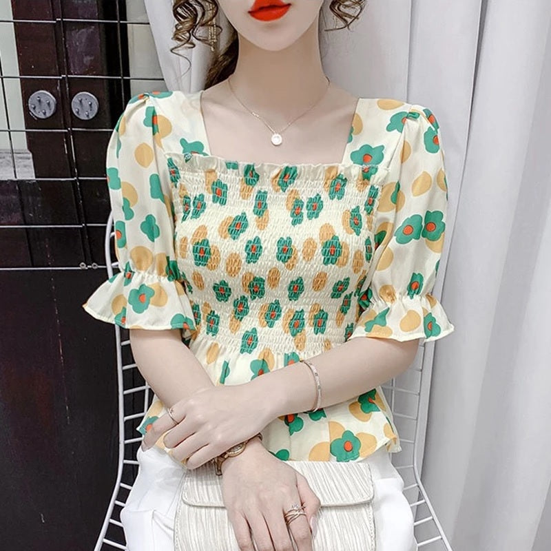 Casual Puff Sleeve Printed Corset Blouse Mssza