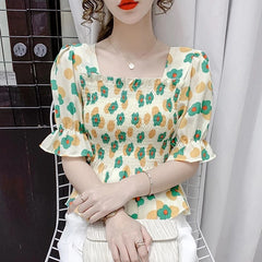 Casual Puff Sleeve Printed Corset Blouse Mssza
