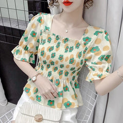 Casual Puff Sleeve Printed Corset Blouse Mssza