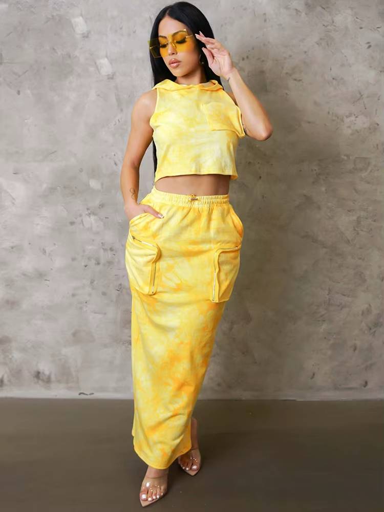Casual Pullover Cargo Skirts And Sleeveless Hoodies 2 Piece Outfits Mssza