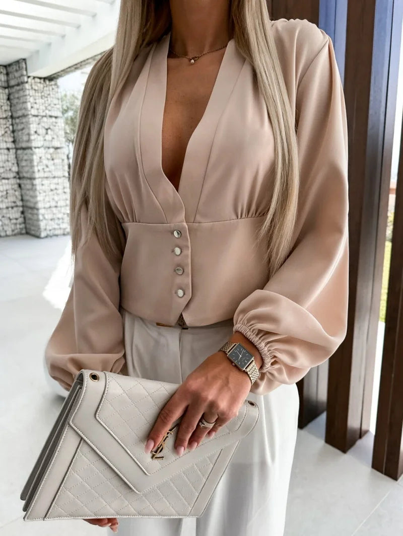 Casual Pullover Deep V-Neck Decorative Smooth Lightweight Skinny Shirt Mssza
