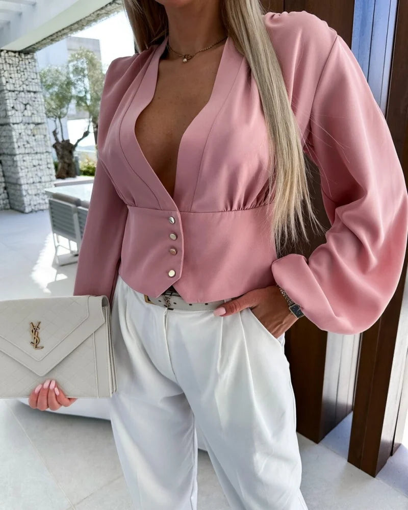 Casual Pullover Deep V-Neck Decorative Smooth Lightweight Skinny Shirt Mssza