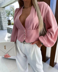 Casual Pullover Deep V-Neck Decorative Smooth Lightweight Skinny Shirt Mssza