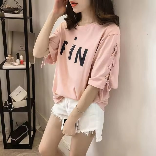 Casual Pullover Graphic Short Sleeve Lace Loose T-shirt Mssza