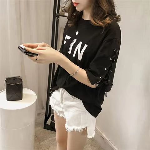 Casual Pullover Graphic Short Sleeve Lace Loose T-shirt Mssza