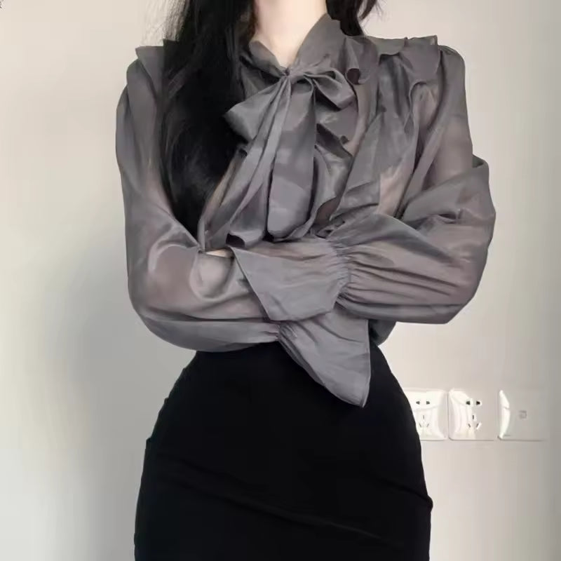 Casual Pullover Long Sleeve Chiffon Sweet Bow Single-Piece Shirt Blouse Mssza