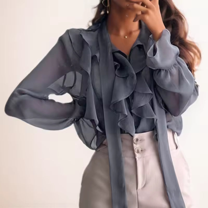 Casual Pullover Long Sleeve Chiffon Sweet Bow Single-Piece Shirt Blouse Mssza