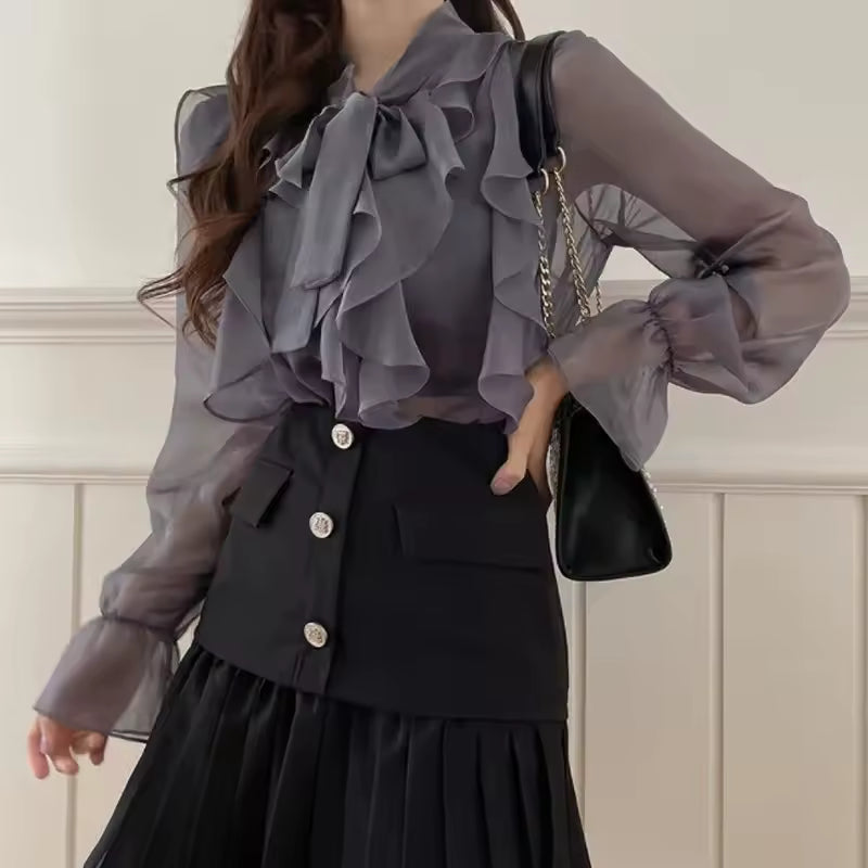 Casual Pullover Long Sleeve Chiffon Sweet Bow Single-Piece Shirt Blouse Mssza