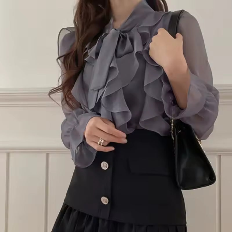 Casual Pullover Long Sleeve Chiffon Sweet Bow Single-Piece Shirt Blouse Mssza