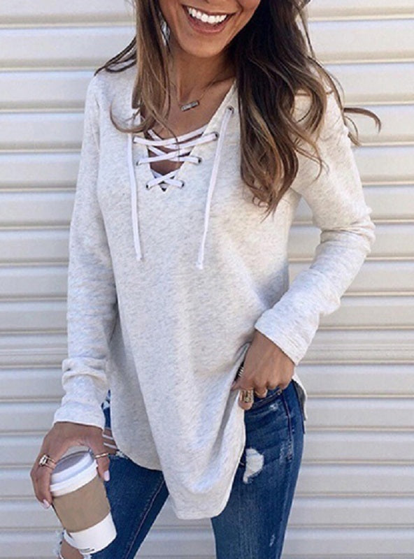 Casual Pullover Long Sleeves Laces and Grommets Top Mssza