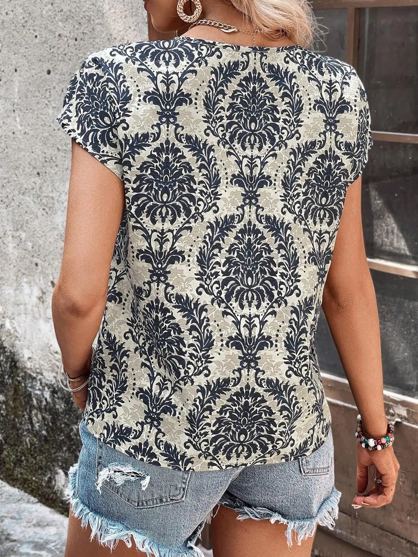 Casual Pullover Printed V-Neck Bat-Sleeve Breathable Suitable Loose Top Mssza
