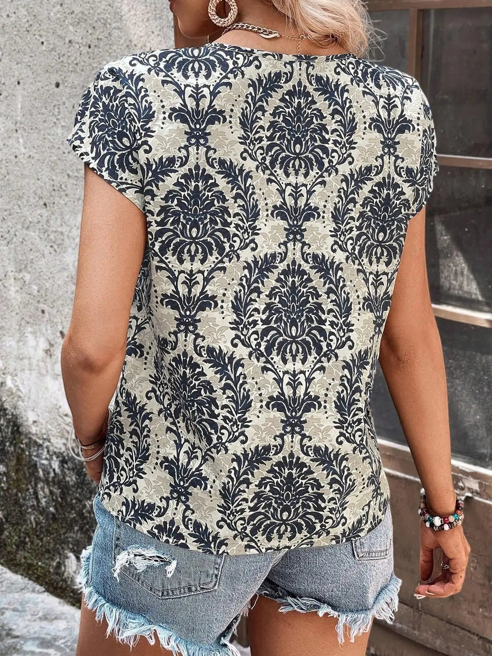 Casual Pullover Printed V-Neck Bat-Sleeve Breathable Suitable Loose Top Mssza