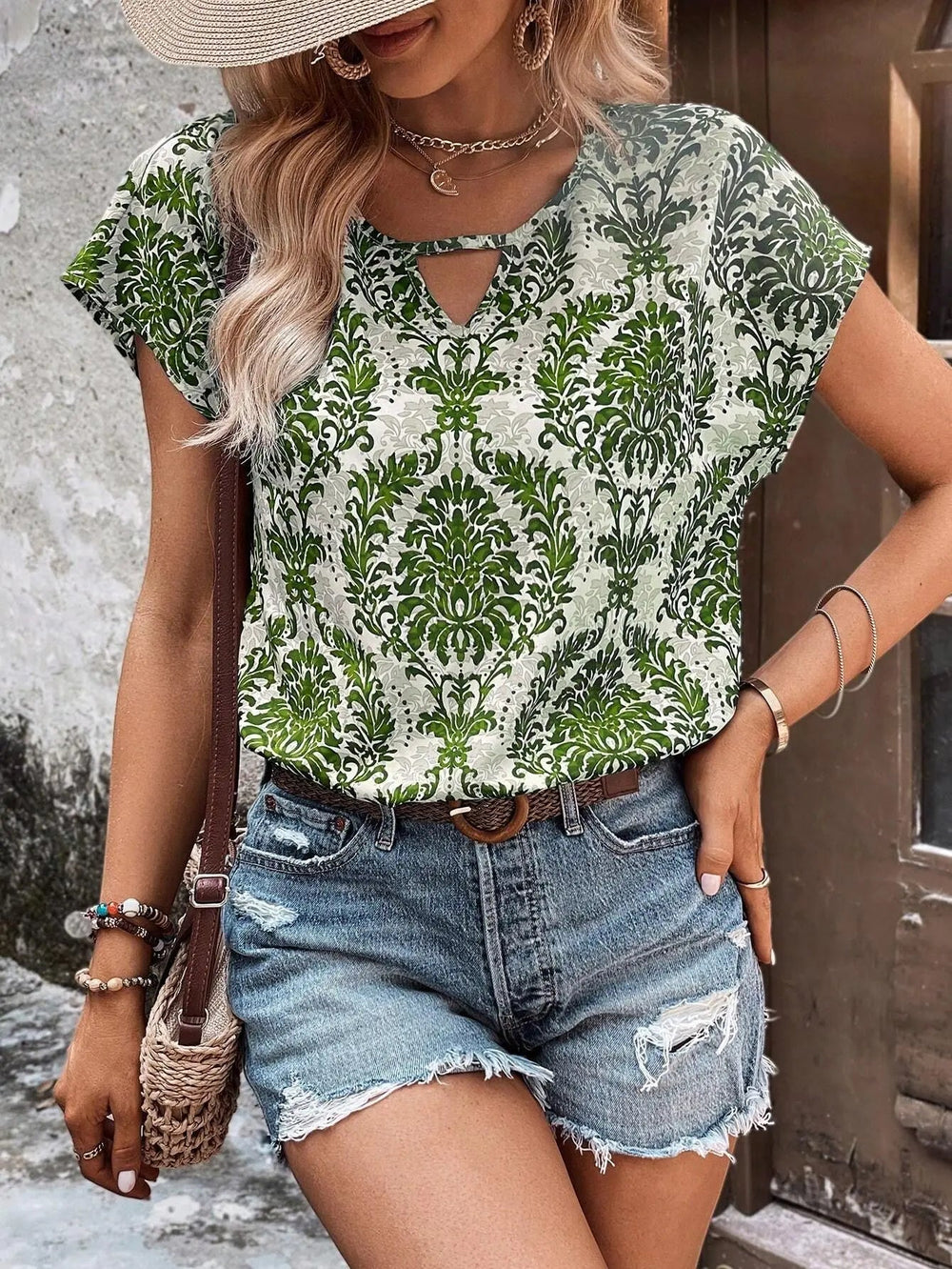 Casual Pullover Printed V-Neck Bat-Sleeve Breathable Suitable Loose Top Mssza