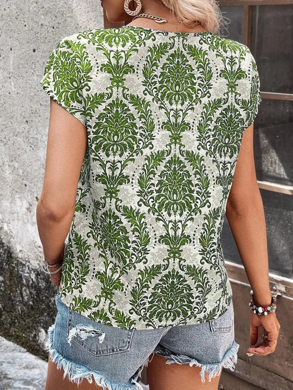 Casual Pullover Printed V-Neck Bat-Sleeve Breathable Suitable Loose Top Mssza