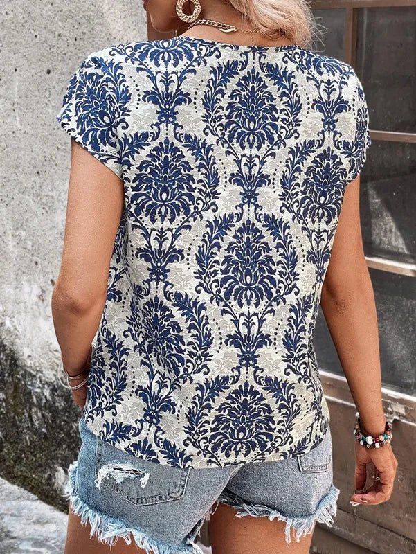 Casual Pullover Printed V-Neck Bat-Sleeve Breathable Suitable Loose Top Mssza