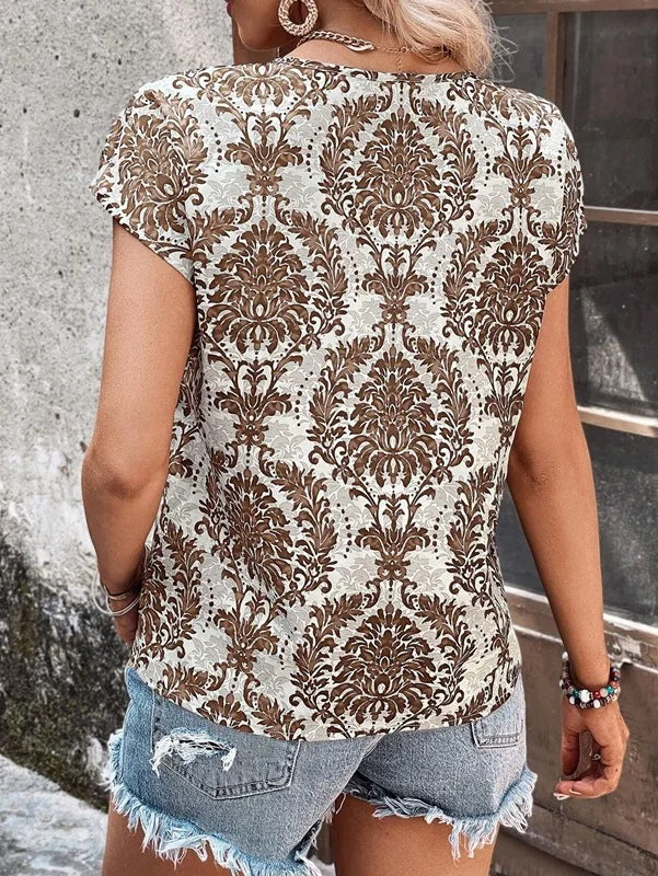 Casual Pullover Printed V-Neck Bat-Sleeve Breathable Suitable Loose Top Mssza