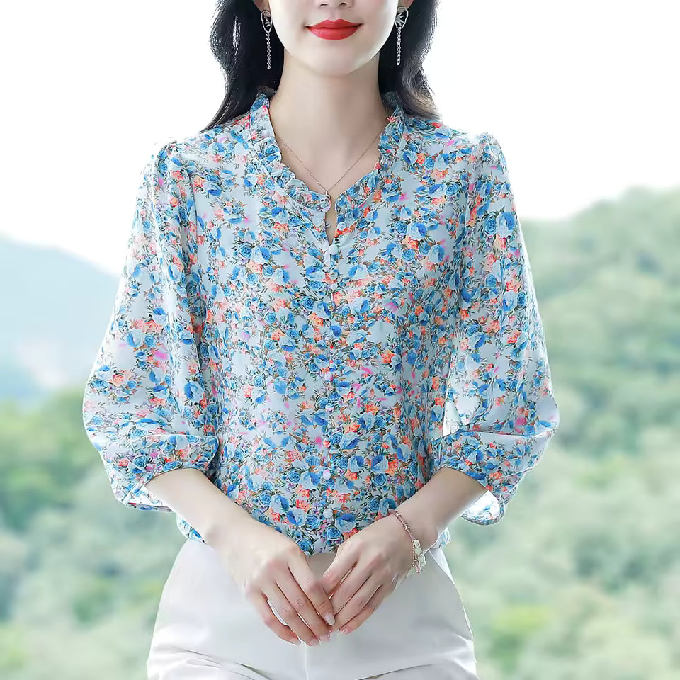 Casual Pullovers Ruffled Collar Half Sleeve Printed Chiffon Shirt Mssza