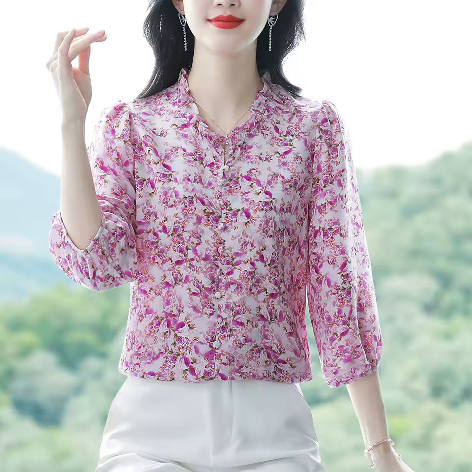 Casual Pullovers Ruffled Collar Half Sleeve Printed Chiffon Shirt Mssza