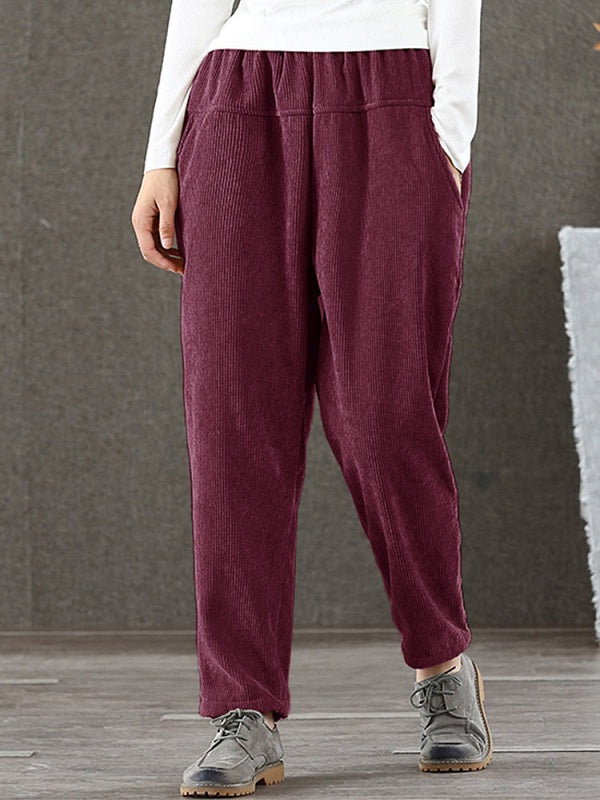 Casual Pure Color Elastic Waist Corduroy Pant Mssza