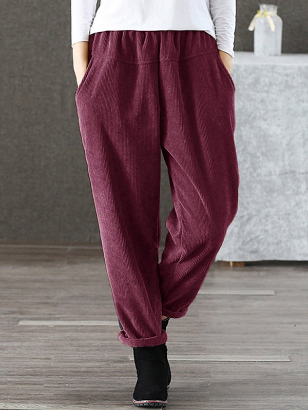 Casual Pure Color Elastic Waist Corduroy Pant Mssza