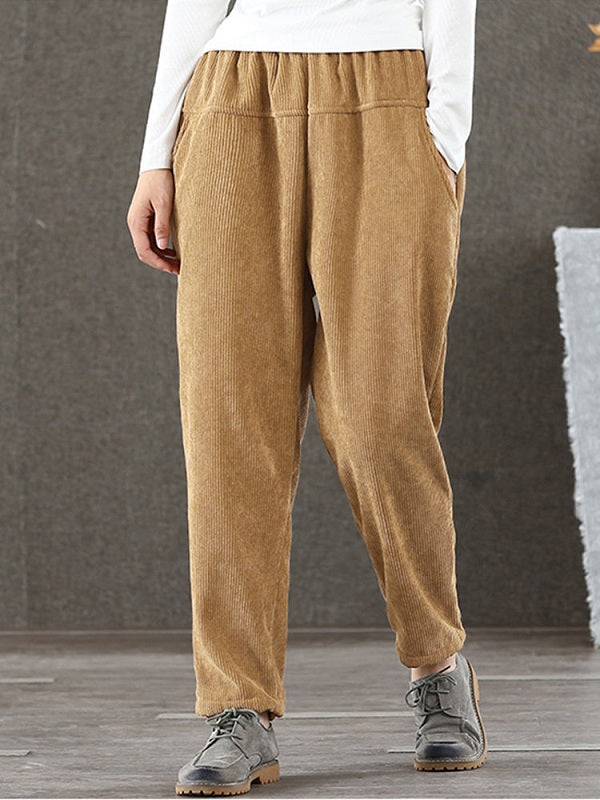 Casual Pure Color Elastic Waist Corduroy Pant Mssza