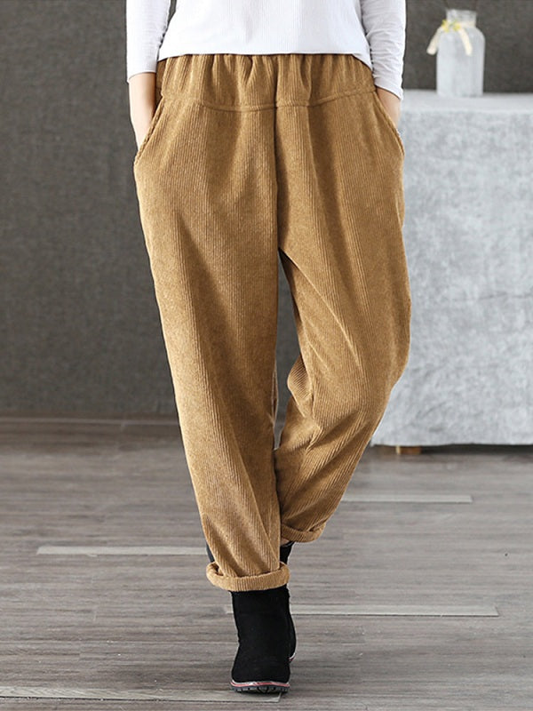 Casual Pure Color Elastic Waist Corduroy Pant Mssza