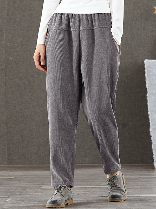 Casual Pure Color Elastic Waist Corduroy Pant Mssza