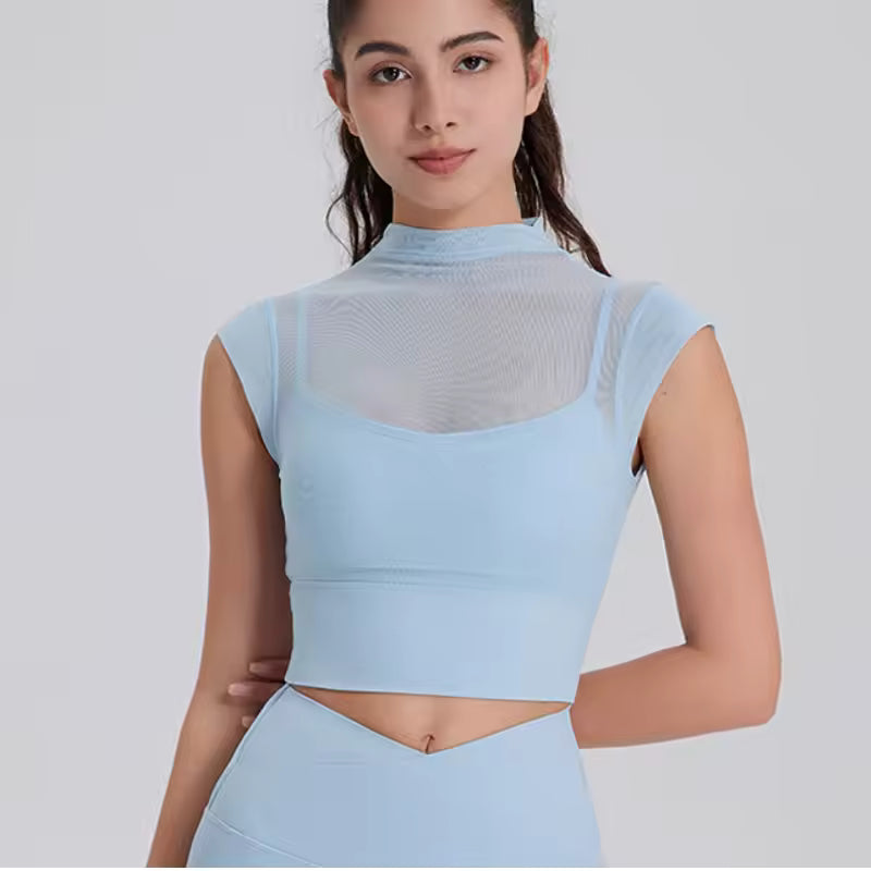 Quick-Dry Sleeveless Fixed Pad Mesh Sports Yoga T-Shirt Mssza