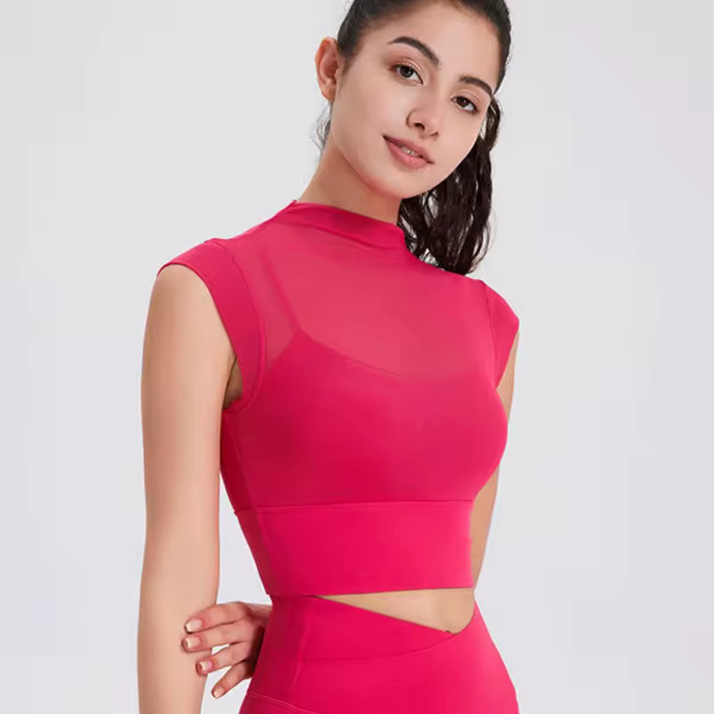 Quick-Dry Sleeveless Fixed Pad Mesh Sports Yoga T-Shirt Mssza
