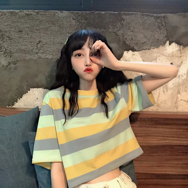Casual Rainbow Stripe Print Round Neck Short Sleeve T-Shirt Mssza