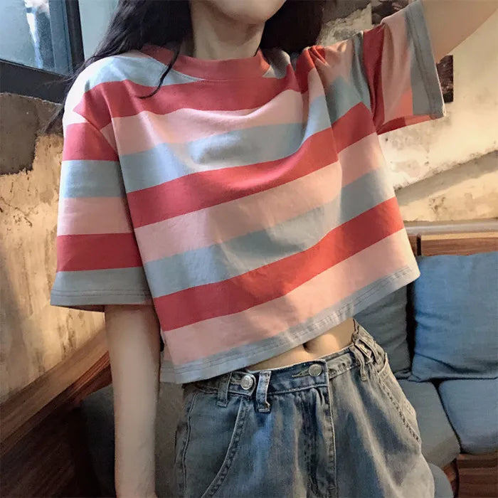 Casual Rainbow Stripe Print Round Neck Short Sleeve T-Shirt Mssza