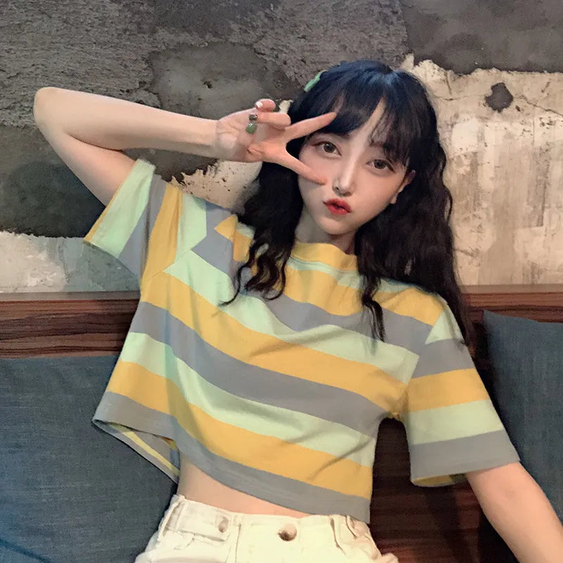 Casual Rainbow Stripe Print Round Neck Short Sleeve T-Shirt Mssza