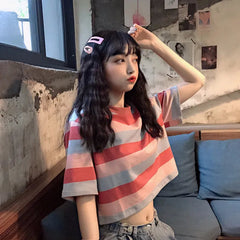 Casual Rainbow Stripe Print Round Neck Short Sleeve T-Shirt Mssza