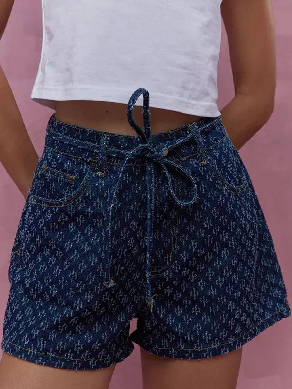 Casual Raised Printed Denim Drawstring Straight Street Wear Belt With Shorts Mssza